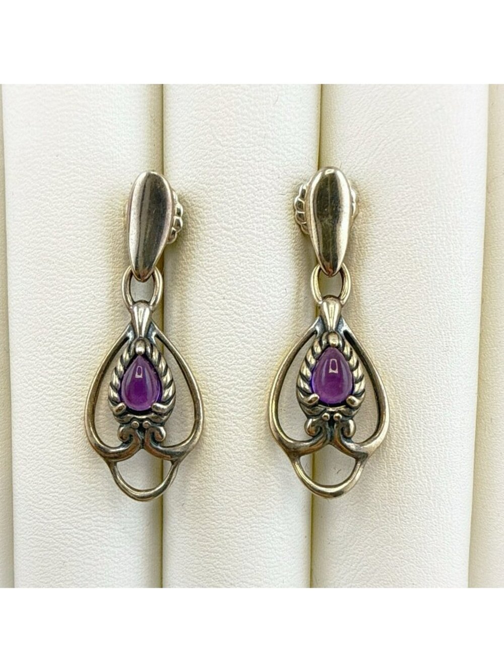 Carol Pollack Earrings Sterling Silver 925 Amethyst Purple Dangle Drop Southwest